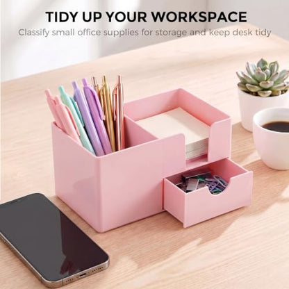 SKYDUE Small Desk Organizer with Sticky Notes Holder,Pen Holder for Desk - color: Pink
