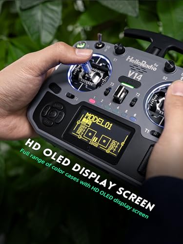 HelloRadio V14MAX ELRS FPV Radio Transmitter – 2.4GHz ELRS OpenTX/EdgeTX Remote Controller with CNC Hall Gimbals, AI Voice Assistant, External Module Bay, Foldable T-Antenna, and OLED Display for RC FPV Drones