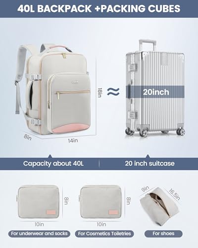 LOVEVOOK 40L Travel Backpack Flight Approved Carry on Backpack,3 Packing Cubes,Waterproof Personal Item Travel Bag,TSA Carry on Luggage Suitcase Travel Essentials,Gifts for Women & Men,fits 17" Laptop - color: A-light Gray-pink, size: Large-40L-4Pcs(Stand