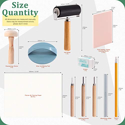 Keadic 41 Pieces Rubber Stamp Making Kit, Includes 2 Rubber Stamps Carving Blocks, 3 Carving Tools & Whetstone, Tracing Papers, Brayer Roller, Block Printing Tools for Stamp Carving and Printmaking