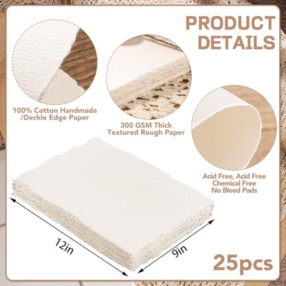 25 Sheets Watercolor Paper 9 x 12 in, 300 GSM, Deckled Edge, Ivory - size: 9 x 12 inch