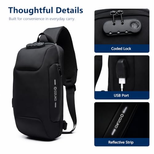OZUKO Sling Backpack for Men - Anti-Theft Crossbody Bag, Waterproof with USB Charging Port - color: Black