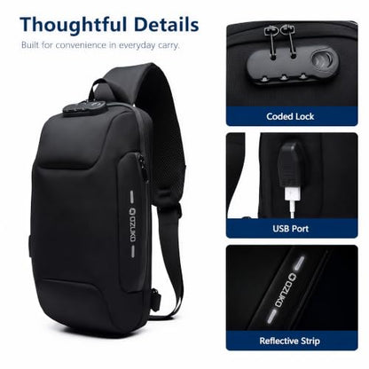 OZUKO Sling Backpack for Men - Anti-Theft Crossbody Bag, Waterproof with USB Charging Port - color: Black