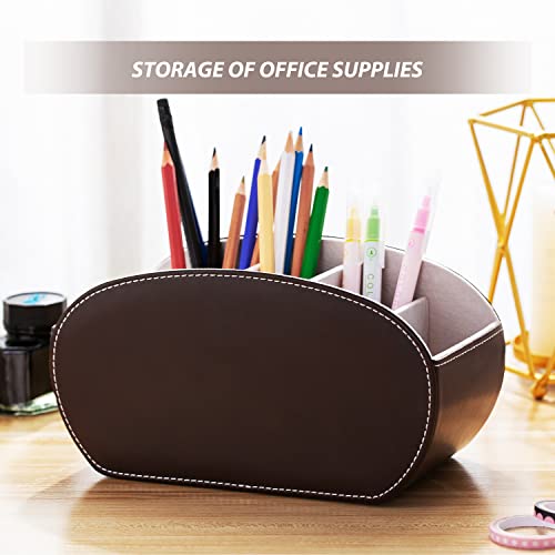 PU Leather Multi-Functional Office Organizer Box Remote Control Holder Desk - color: Dark Brown
