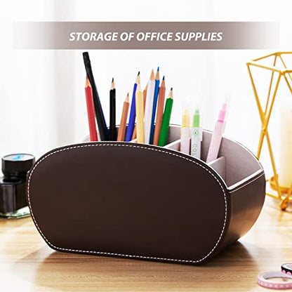 PU Leather Multi-Functional Office Organizer Box Remote Control Holder Desk - color: Dark Brown