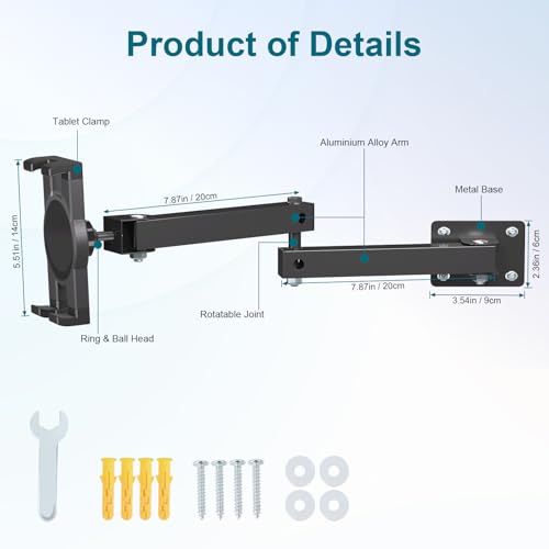 Mippko Foldable Wall Mount iPad Holder Tablet Mount Stand,360° Adjustable Tablet Holder,2-Stage Extendable Articulating Aluminum Alloy Arm,Compatible with 4.7~12.9" iPad/Nexus/e-Reader/Switch/iPhone