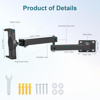 Mippko Foldable Wall Mount iPad Holder Tablet Mount Stand,360° Adjustable Tablet Holder,2-Stage Extendable Articulating Aluminum Alloy Arm,Compatible with 4.7~12.9" iPad/Nexus/e-Reader/Switch/iPhone