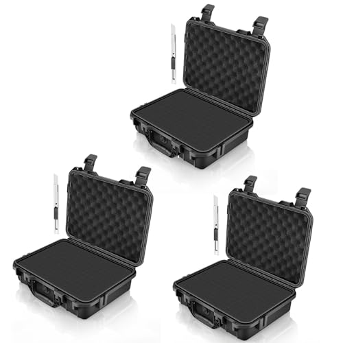 GreenCycle 14.3 x 11.4 x 4.5 Inch Waterproof Hard Case with DIY Customizable Foam Insert Portable Protective Storage Case with Knife for Camera Drones Equipments Tools Test Instruments,Black,3PK