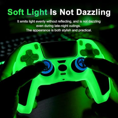 2 Pack Glow in The Dark Green PS5 Controller Skin,Include 4 Pcs Thumb Grips Glow Accessories. (2 Pack Glow Green Black) - color: 2 Pack Glow Green Black