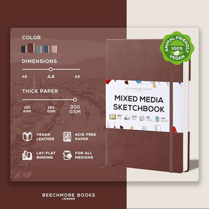 Beechmore Books A4 8.5x11 Mixed Media Sketchbook 300 GSM/140lb - color: Chestnut Brown, size: A4 - 8.5" x 11.5" Large