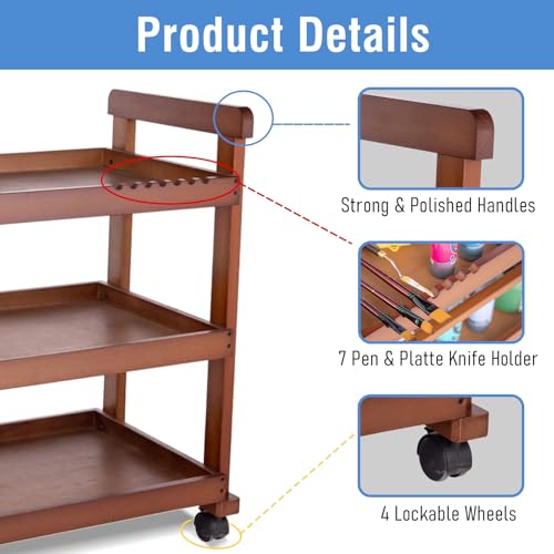 Falling in Art 3-Tier Beechwood Rolling Cart with Caster Wheels, Walnut - color: Walnut