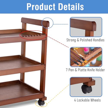 Falling in Art 3-Tier Beechwood Rolling Cart with Caster Wheels, Walnut - color: Walnut