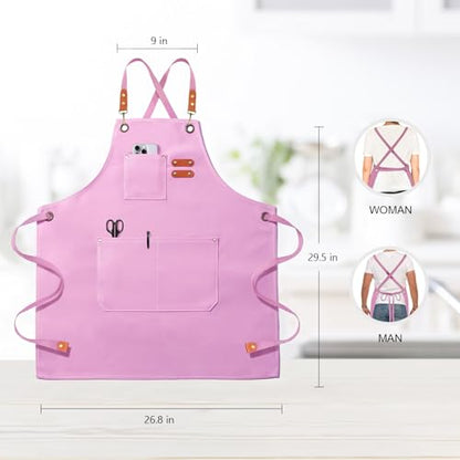 OUNLEN Chef Apron for Men Women Canvas Aprons with 3 Pockets Cross Back Resistant Work Apron for Cooking - color: Light Pink