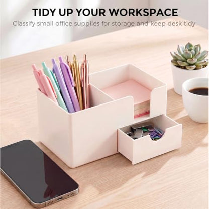 SKYDUE Small Desk Organizer with Sticky Notes Holder,Pen Holder for Desk - color: Beige
