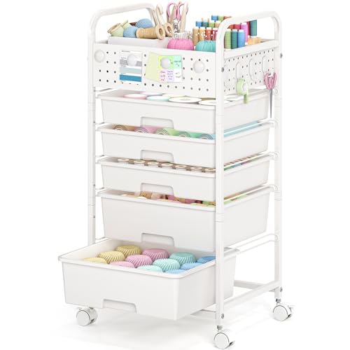5 Drawer Rolling Storage Cart with Pegboard Top and Hooks, White - color: White, size: 5-Drawers