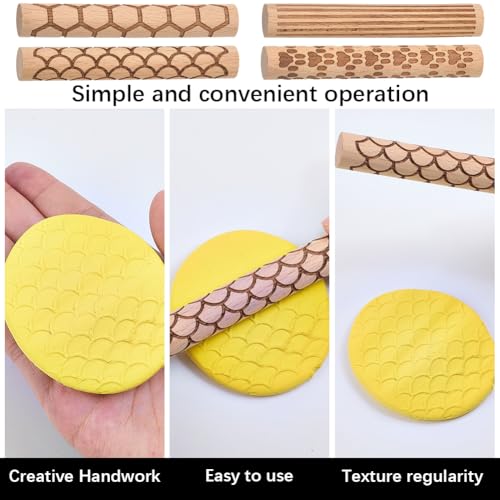 CREATCABIN 4 Pcs Wooden Clay Texture Rollers Pottery Stamp Roller Tools Sector Straight Line Paw Hexagon Pattern Textured Rolling Pins for Modeling Ceramics Painting Handmade Craft Art DIY 3.94 Inch