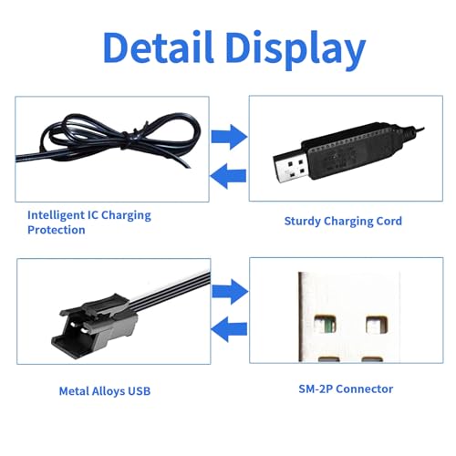 3.7V USB Charger Cable SM-2P Plug Cable for Mini RC Amphibious Stunt Car Boat Trucks Toy Li-Po Battery [2-Pack]