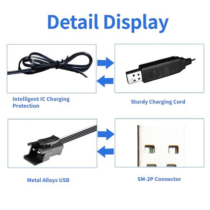 3.7V USB Charger Cable SM-2P Plug Cable for Mini RC Amphibious Stunt Car Boat Trucks Toy Li-Po Battery [2-Pack]