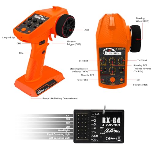 RC Remote Control 4CH 2.4G Transmitter with Receiver and Lanyard for RC Car Crawler Boat, Orange - color: Orange