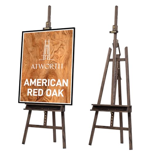 American Oak Inclinable Studio Art Easel, Hold Canvas up to 48”, Deluxe Wooden Large Adjustable A-Frame Lyre Style Floor Painting Easel Stand with Storage Tray, Grey Walnut Finish