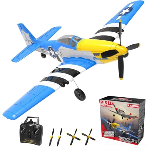 LEAMBE 4 Channel RC Plane, Ready to Fly Aerobatic Aircraft, Easy Control for Beginners, P51 Mustang RC Airplane for Adults Blue - color: Light Blue, size: Large