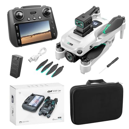ikaufen S159 Drone with Built-in 5.9in screen control, GPS positioning, brushless motor, optical flow positioning, ESC camera, obstacle avoidance function, body tips power consumption+2 Battery(S159 screen control+ 2 Battery White) - size: S159 Dual Camer