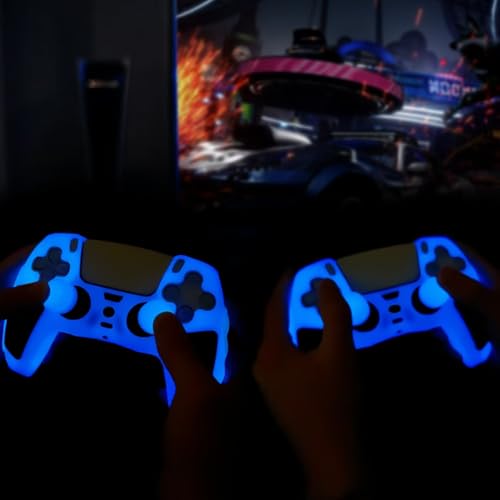 Glow in The Dark PS5 Controller Skin,Blue Anti Slip Soft Thicked Studded Silicone Cover Skins Compatible with PS5 Controller,Include 8 PCS Blue Thumb Grips Glow and 2 Cat Paw Grips Accessories. - color: Glow Blue Black