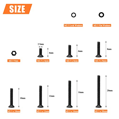 HELIFOUNER 560 Pieces M2.5 x 4mm /6mm /8mm /10mm /12mm /16mm /20mm, Countersunk Head Socket Cap Screws Bolts Washers Nuts Kit, 10.9 Grade Alloy Steel, Full Threaded, Black - size: M2.5, style: Countersunk Head