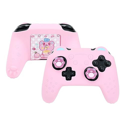 GeekShare Sugar Bear Controller Skin Set Anti-Slip Silicone Protective Cover Skin Case for Switch Pro Controller with 2 Thumb Grip Caps and 1 Sticker - Pink