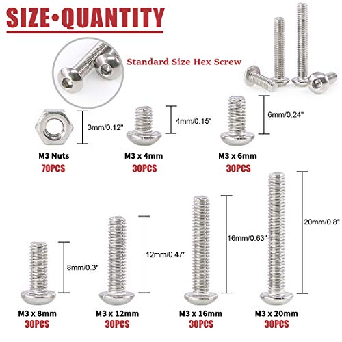 Hilitchi 250-Piece [M3] Stainless Steel Hex Socket Button Head Cap Bolts Screws Nuts Assortment Kit (M3) - color: M3