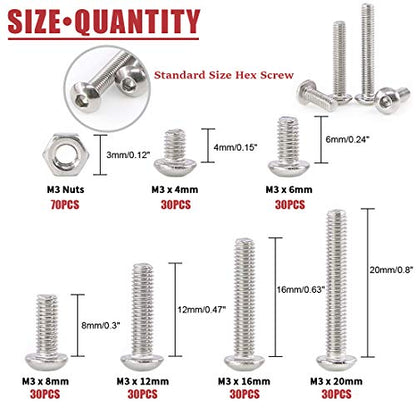 Hilitchi 250-Piece [M3] Stainless Steel Hex Socket Button Head Cap Bolts Screws Nuts Assortment Kit (M3) - color: M3