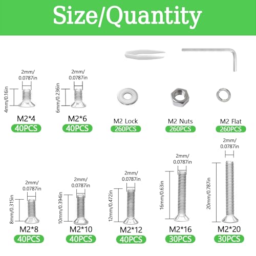 1040PCS M2 Screw Assortment Kit, M2x4/6/8/10/12/16/20 mm M2 Screw Kits, Metric Hex Flat Head Cap Screws, Nuts and Flat Washers, Stainless Steel Machine Screws with Hex Wrench - size: M2x4/6/8/10/12/16/20-1040Pcs