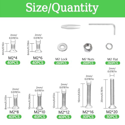 1040PCS M2 Screw Assortment Kit, M2x4/6/8/10/12/16/20 mm M2 Screw Kits, Metric Hex Flat Head Cap Screws, Nuts and Flat Washers, Stainless Steel Machine Screws with Hex Wrench - size: M2x4/6/8/10/12/16/20-1040Pcs