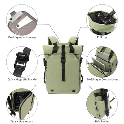 Besnfoto Camera Backpack, Expandable Roll Top Waterproof Photography Bag with Modular Dividers, Professional Camera Case for DSLR SLR Mirrorless Drones, Fits Up to 15.6 Inch Laptop - color: Light Green