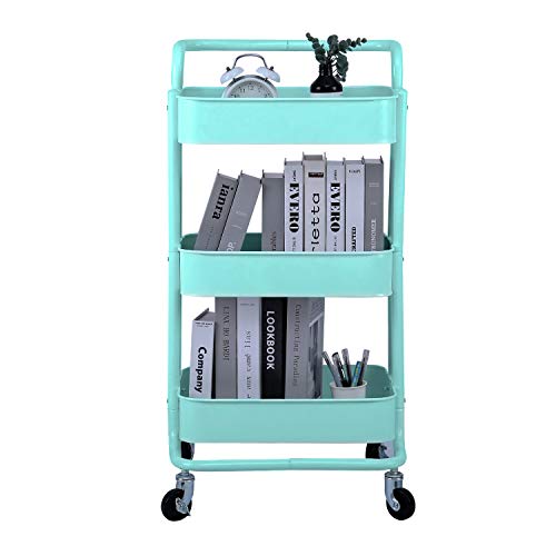 3-Tier Metal Mesh Rolling Cart Storage Organizer with Utility Handle and Wheels, Turquoise - color: A- Turquoise
