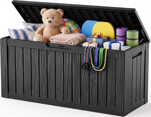 Outdoor Storage Box,140 Gallon Waterproof Resin Deck Box with Support Rod - color: Black, size: 140 Gallon
