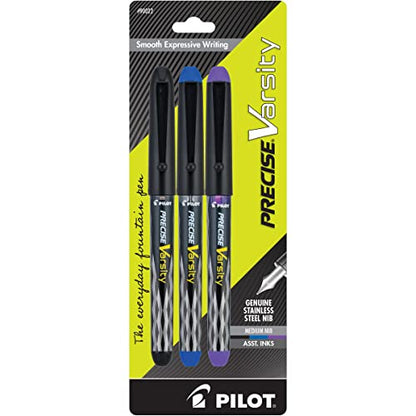 PILOT Precise Varsity Pre-Filled Fountain Pens, 1.0mm, Multicolor, 3-Pack - color: Black/Blue/Purple, size: 3 Count (Pack of 1)