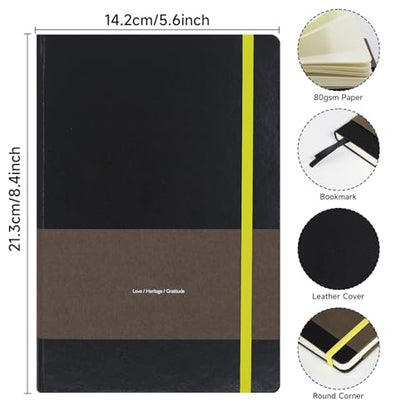 A5 Leather Hardcover Notebook - 192 Pages Thick 100GSM Paper, Dotted/Grid/Blank, with Elastic Band & Inner Pocket for Writing, Sketching, Journaling (Black)