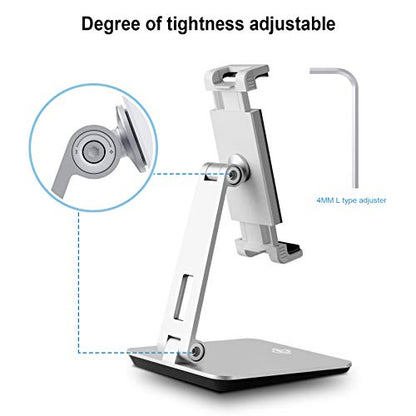 KABCON Tablet Stand Holder, Tightness Adjustable Multi-Angle Foldable Eye-Level Aluminum Solid Tablets Stands Dock for 4''-14''Tablets/Phone, iPad Series,Samsung Galaxy Tabs,Kindle Fire,Etc. - color: Silver