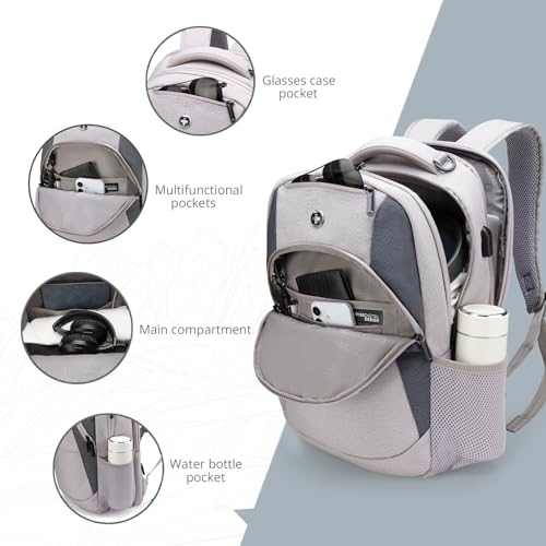 Swissdigital Design Large Business Laptop Backpack with Smart USB Charging Port Travel Backpack Fits 15.6 inches laptops - color: Mauve Grey