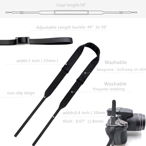 Camera Neck Strap Thin,Binocular Strap with Neoprene Padding,Camera Lanyard,Digital Mirrorless Camera Strap for Photographers,Washable,Black,58 Inch