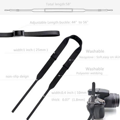 Camera Neck Strap Thin,Binocular Strap with Neoprene Padding,Camera Lanyard,Digital Mirrorless Camera Strap for Photographers,Washable,Black,58 Inch