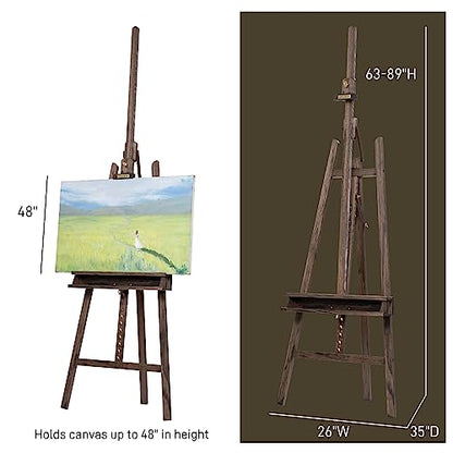 American Oak Inclinable Studio Art Easel, Hold Canvas up to 48”, Deluxe Wooden Large Adjustable A-Frame Lyre Style Floor Painting Easel Stand with Storage Tray, Grey Walnut Finish