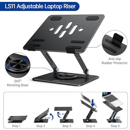 BESIGN Laptop Stand with 360° Rotating Base, Ergonomic Adjustable Notebook Riser, Foldable Computer Holder Compatible with 10-14" Laptops, LS11 Black - color: F-Dark Black-360°