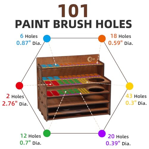 OPHIR 101 Holes Paint Brush Holder, Wooden Brush Organizer with Palette