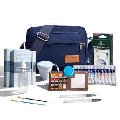 Mini Watercolor Travel Set, 12 Color Portable Walnut Wood Art Kit