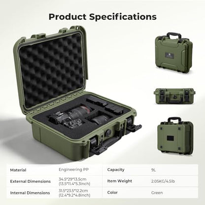 K&F CONCEPT Waterproof Hard Case, IP67 Protective Case with Pre-Scored Foam - color: Green