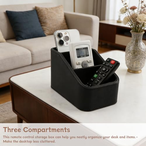 PU Leather TV Remote Control Holder, 3 Compartment Desk Storage Caddy