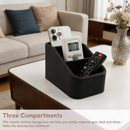 PU Leather TV Remote Control Holder, 3 Compartment Desk Storage Caddy