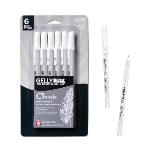 SAKURA Gelly Roll Gel Pens, White, Assorted 05/08/10 Tip, 6 Pack - size: 1 Count (Pack of 6), style: Assorted Tip Sizes